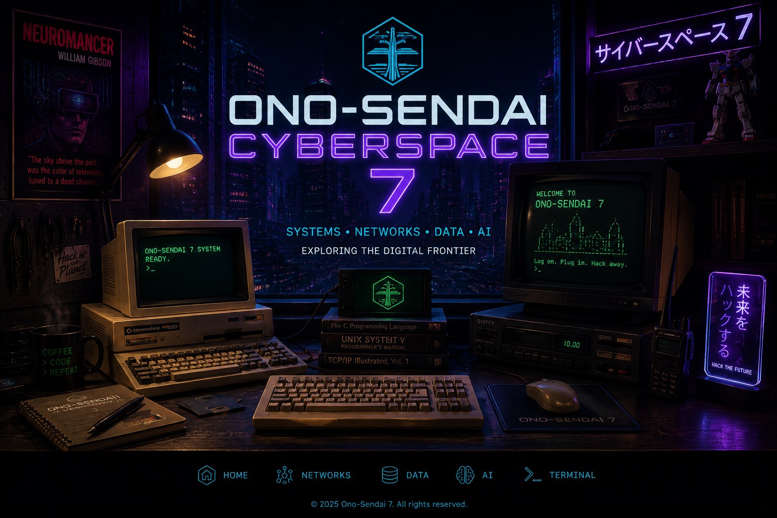 Neon cyberpunk Ono-Sendai Cyberspace 7 desk setup