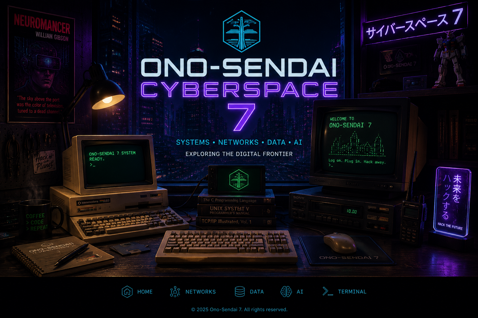 Neon cyberpunk Ono-Sendai Cyberspace 7 desk setup